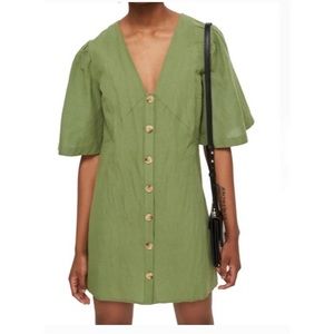 Topshop green linen button flare sleeve mini dress